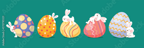Cute Rabbit Hide, Hug And Lay On Corful Easter Egg, Vector, Illustration