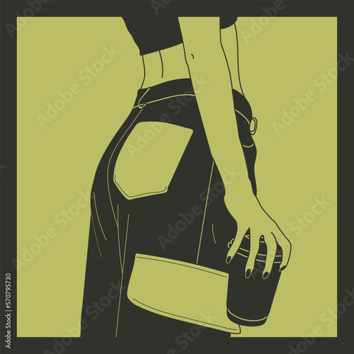 Beautiful slim young girl dressed in high waisted cargo pants and black top with cup of coffee in her hands illustration. Trendy outfit flat vector illustration. Stamp texture. Back view.