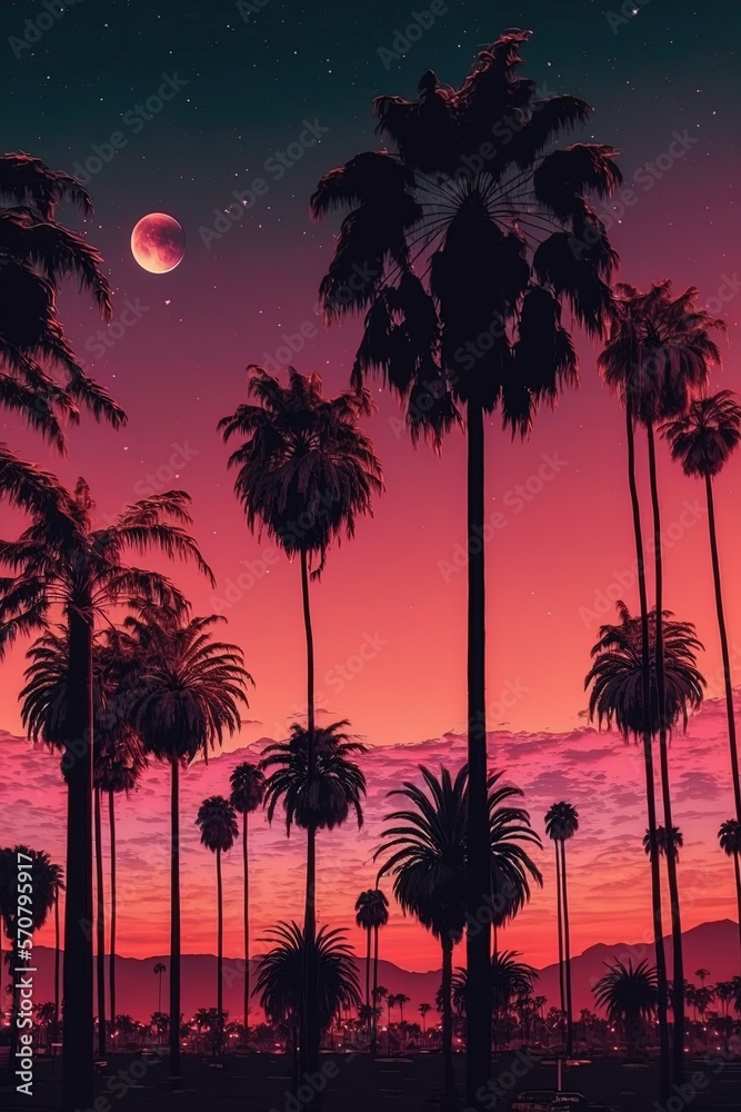 Palm tree silhouettes at sunset purple sky background generative ai