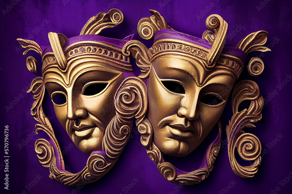 Greek theatre masks illustration, comedy and tregedy. Generative AI.