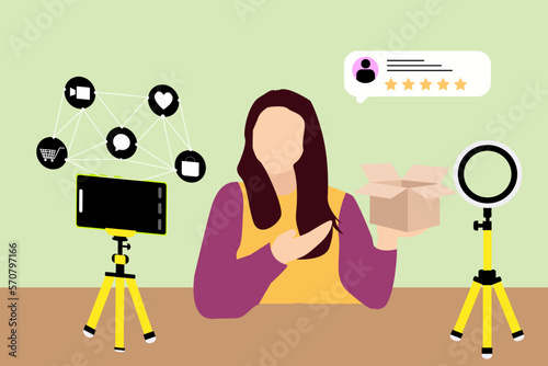 Vector influencer unboxing and review product content illustration 