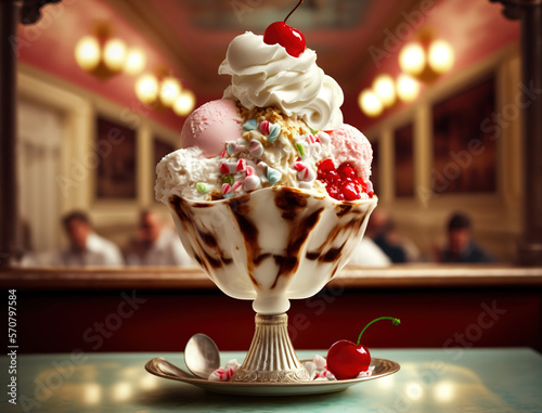 Colorful ice cream sundae in a glass on a table in a restaurant. Generative AI image