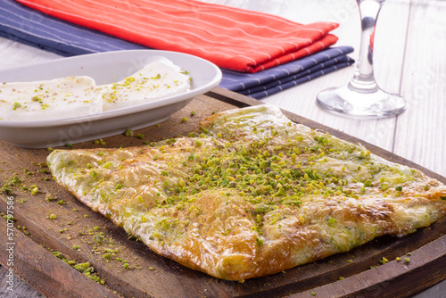 Delicious Turkish Traditional Dessert Katmer from Gaziantep . Green pistachio