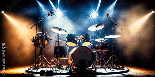 Drum set - set up on stage for a musical moment. Instruments made by generative AI