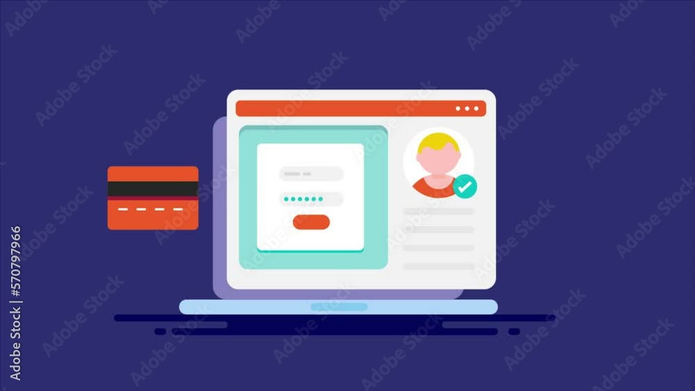 Secure login access to banking application through laptop, cyber security customer data protection online payment via credit card, video animation. Secure login access to banking application through laptop, cyber security customer data protection online payment via credit card, video animation.
