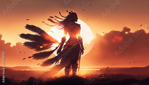 Beautiful shamanic woman evoking the spirits of nature in a lovely sunset  scenery. Post-processed generative AI