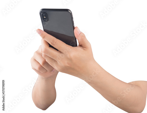 woman holding smartphone for working with someone in contact isolated on white