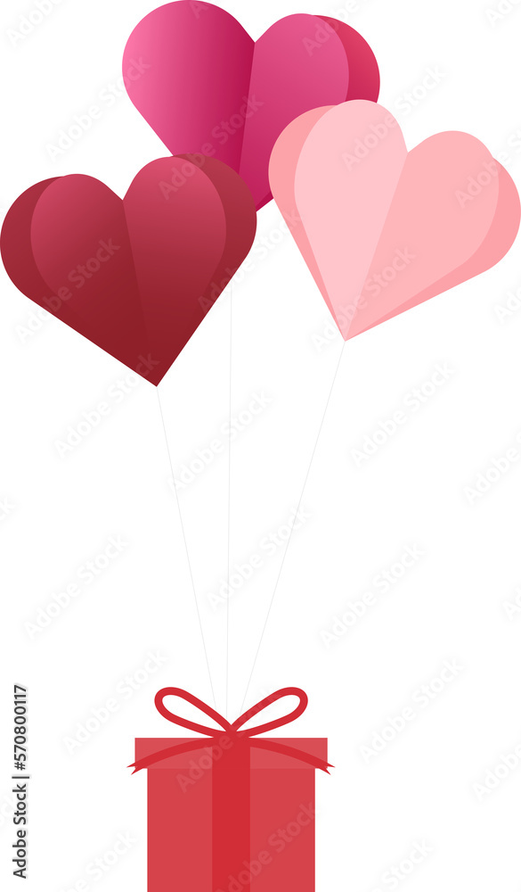 Flying folded heart balloon and gift box for holiday sending gift concept.