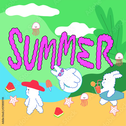 Hello summer  with vector  beach scene - sparkling blue sea  leaves  cute bunny and Watermelon  starfish  juice  ice cream.