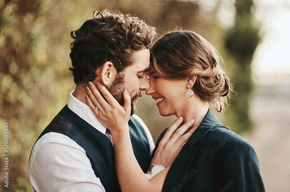 Fototapeta premium Love, wedding and face of couple in garden for marriage, ceremony celebration and commitment. Romantic partners, trust and bridal couple hug, embrace and happy for romance, loving and peace in park