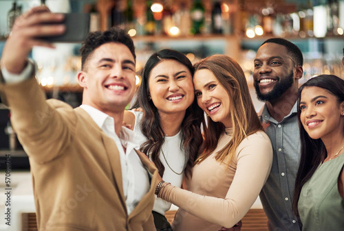 Group of people, event or party selfie in restaurant for luxury, formal night and happy love celebration. Profile picture, women or friends for valentines update or post on social media in diversity