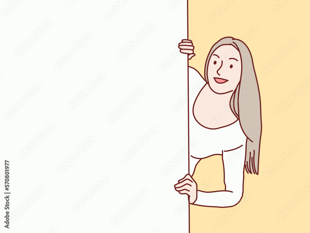 woman standing side behind the white blank banner simple korean style illustration woman standing side behind the white blank banner simple korean style illustration