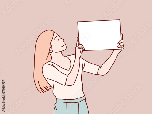 Woman holding lift up white blank banner paper simple korean style illustration