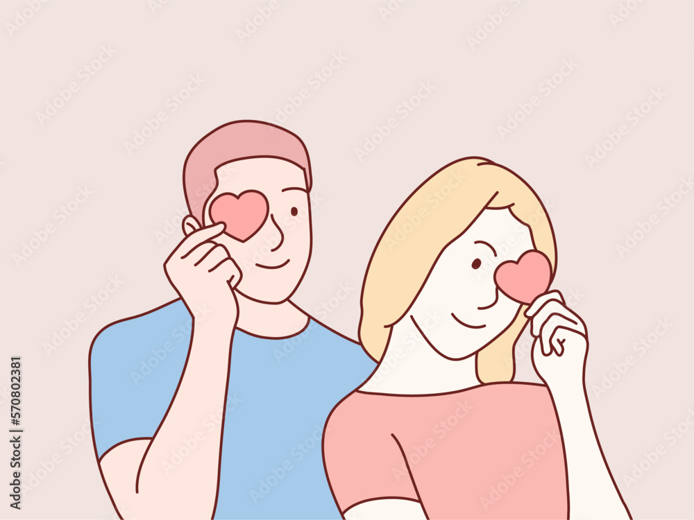 Couple Holding Red Paper Hearts Near Eyes And Smiling simple korean style illustration