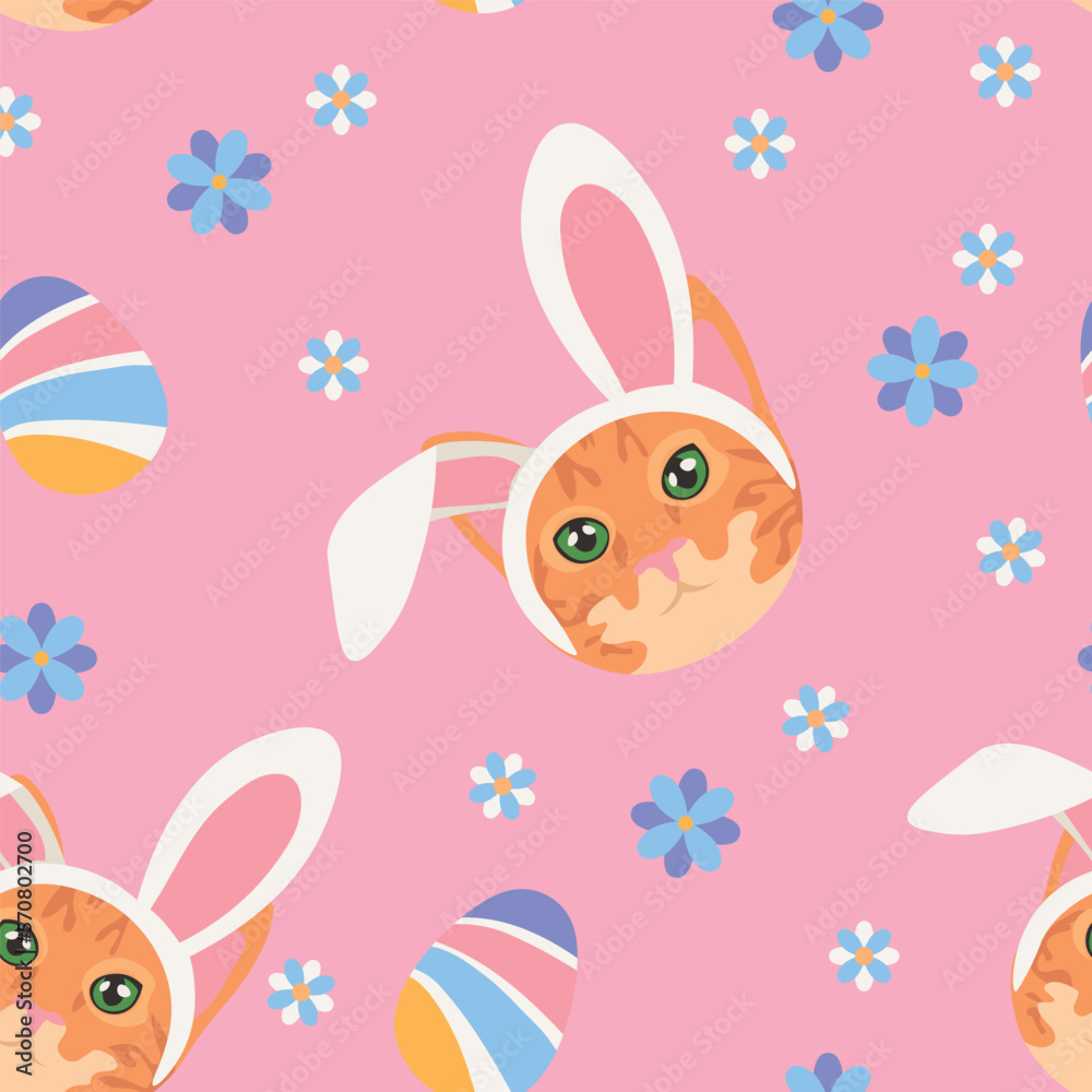 Easter pattern with heads of cat, eggs and flowers on pink background