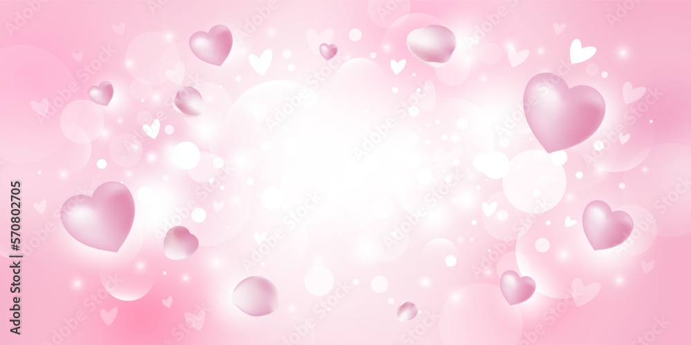 Abstract pink bokeh lights with hearts background with copy space vector illustration