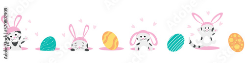 Set of cute cat with bunny ears and Easter eggs on white background
