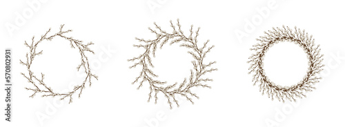 Set of frames made of pussy willow branches on white background