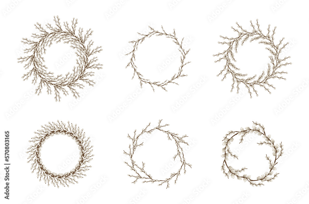 Fototapeta premium Set of frames made of pussy willow branches on white background