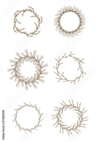 Set of frames made of pussy willow branches on white background