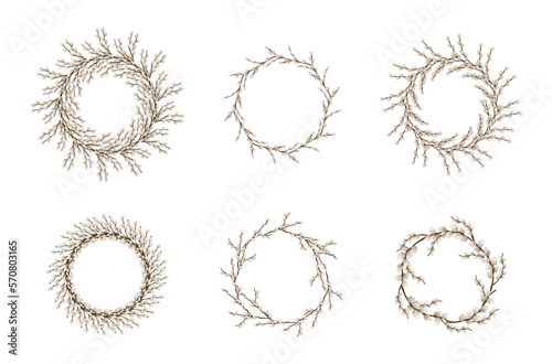Set of frames made of pussy willow branches on white background