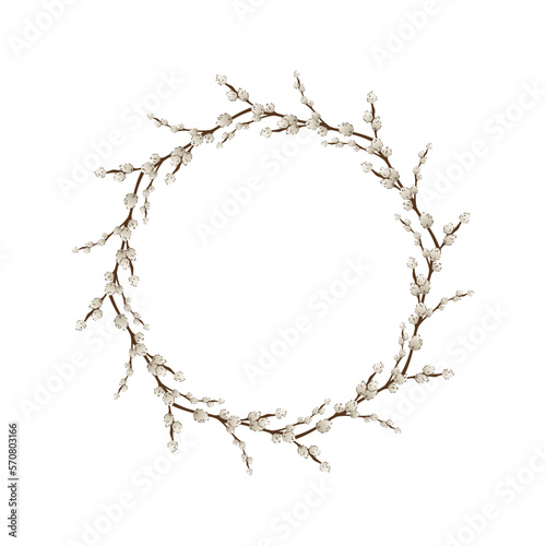 Frame made of pussy willow branches on white background