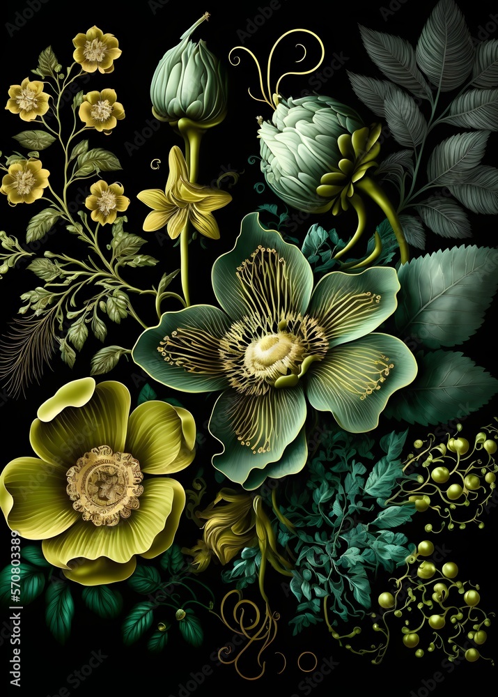 Green and golden flowers on black background