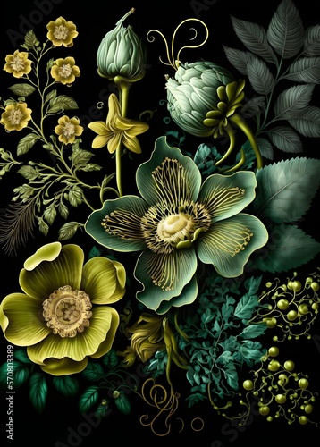 Green and golden flowers on black background