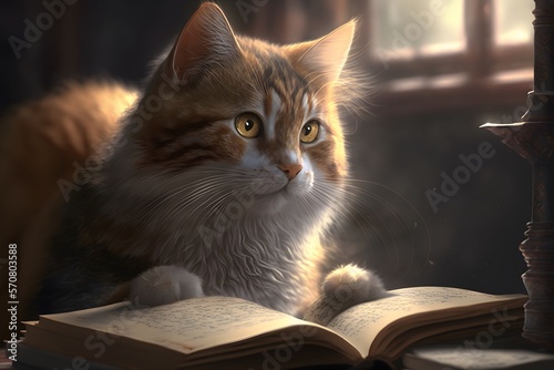 cat reading book created using AI Generative Technology