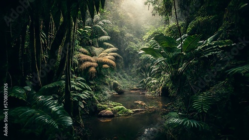 The Serene Sanctuary, An Enchanted Tropical Lake Amidst Lush Greenery. Generative ai