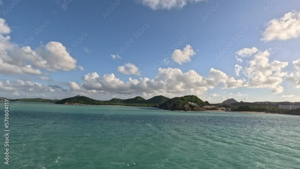 POV-Shipboard view passing the coast of Antigua in the Caribbean as the ship heads out to sea POV-Shipboard view passing the coast of Antigua in the Caribbean as the ship heads out to sea