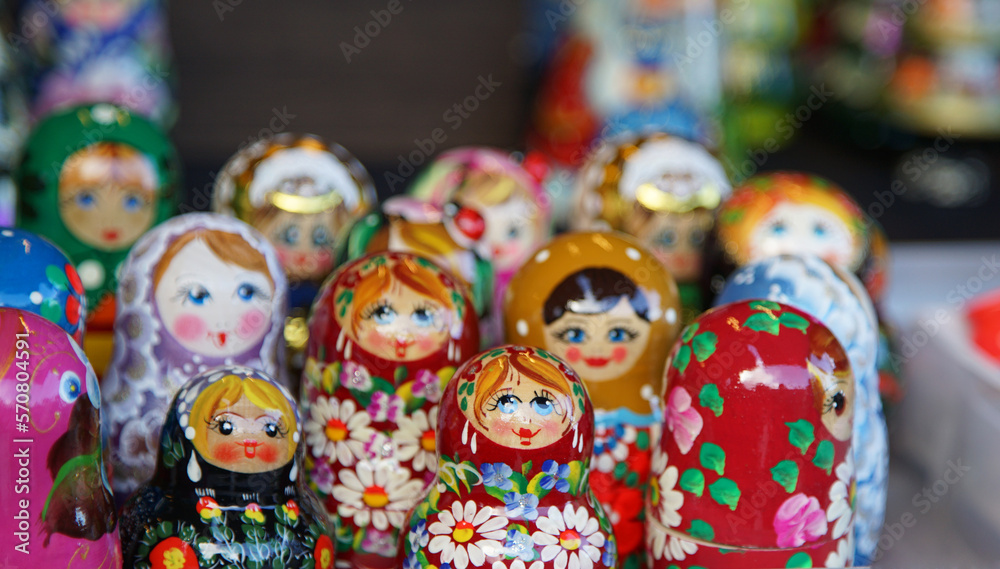 Matryoshka doll of many colorful Russian souvenirs