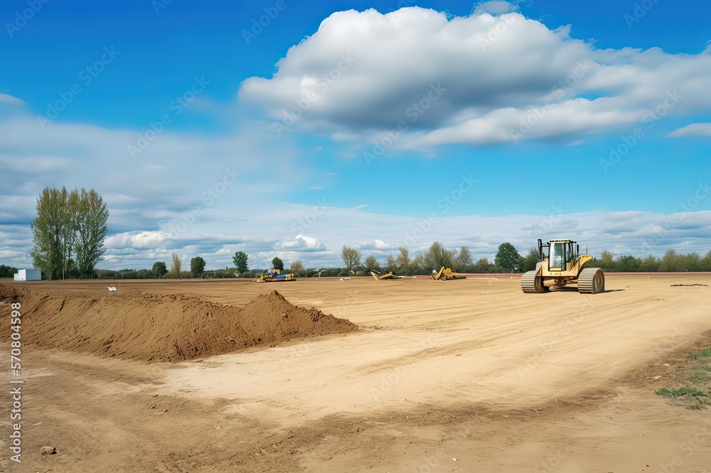 New Construction Site on Level Farmland: Wide Open Space with Blue Sky, Trees, Bushes, and Machinery. Photo AI New Construction Site on Level Farmland: Wide Open Space with Blue Sky, Trees, Bushes, and Machinery. Photo AI
