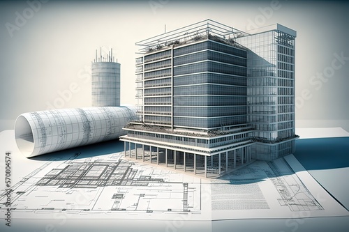 Creating an Office Building from Blueprints to 3D Model: An Architectural Project. Photo AI