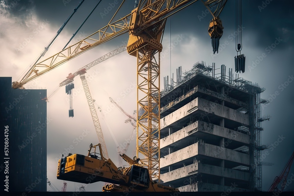 Building Construction Tower Cranes Erected on a Building Site. Photo