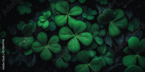 Lucky Green Four-Leaf Clover Isolated pattern, St. Patrick's Day Concept, St. Patrick's Day Greeting Card background template with space for text generative ai 