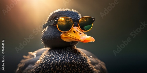 cute duck wearing summer sunglasses, summer background, Generative AI photo