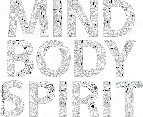 Body Mind Spirit words, health concept for coloring