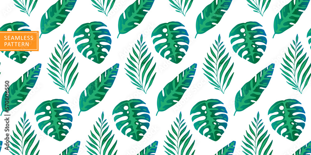 Vector seamless tropical green pattern with monstera leaves, palm leaves, fern for covers, backgrounds, textiles, wrapping paper Vector seamless tropical green pattern with monstera leaves, palm leaves, fern for covers, backgrounds, textiles, wrapping paper