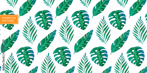 Vector seamless tropical green pattern with monstera leaves, palm leaves, fern for covers, backgrounds, textiles, wrapping paper