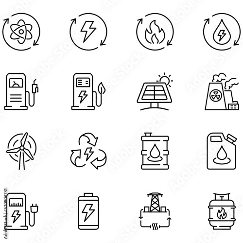 Set of vector icons related to types of energy. Vector illustrations such as atomic energy, water energy, fire energy and more with editable black outline.