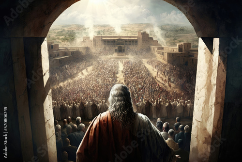 Jesus teaching Apostles or people. Back view. Generative AI illustration