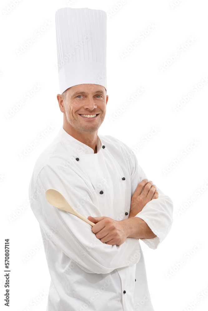 Portrait of French chef, spoon and smile with confidence, cafe owner isolated on white background. Happy executive cook, cooking for restaurant discount deal and menu special or promotion in studio. Portrait of French chef, spoon and smile with confidence, cafe owner isolated on white background. Happy executive cook, cooking for restaurant discount deal and menu special or promotion in studio.
