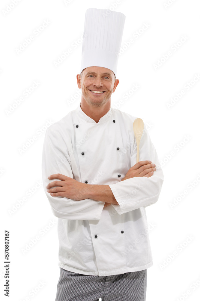 Portrait of chef, wooden spoon and confident smile, cafe owner isolated on white background. Happy executive cook, uniform, cooking for restaurant discount deal, menu special or promotion in studio.