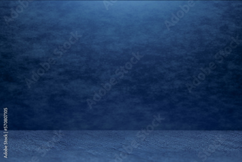 Empty pedestal display on dark blue background with empty floor for product show or presentation. blue background podium for product. 3D rendering.