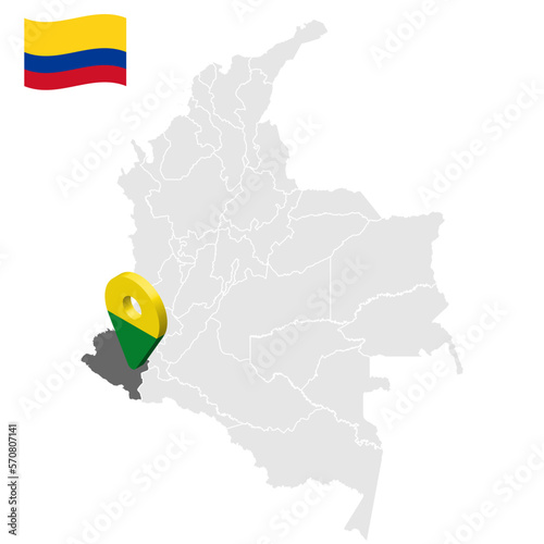 Location of Narino on map Colombia. 3d Narino location sign. Flag of Narino. Quality map with regions Republic of Colombia for your web site design, logo, app, UI. Stock vector. EPS10. photo