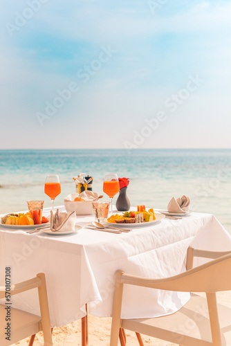 Photography Luxury breakfast table beautiful tropical sea sky background