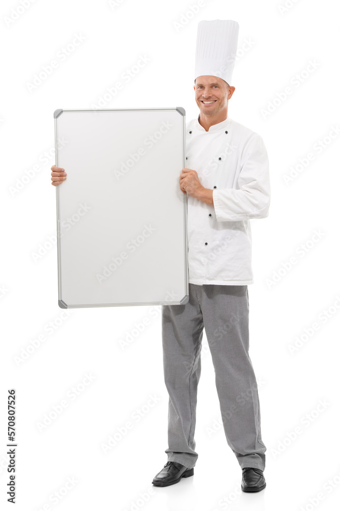 Board mockup and chef man isolated on a white background of empty menu and happy career services. Professional culinary, cooking or bakery person whiteboard, presentation and ideas in studio portrait Board mockup and chef man isolated on a white background of empty menu and happy career services. Professional culinary, cooking or bakery person whiteboard, presentation and ideas in studio portrait