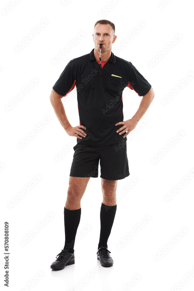 Fototapeta premium Referee man, portrait and blowing whistle, angry with soccer foul and warning in game isolated on white background. Sports, fitness and compliance, rules and male in studio with football penalty