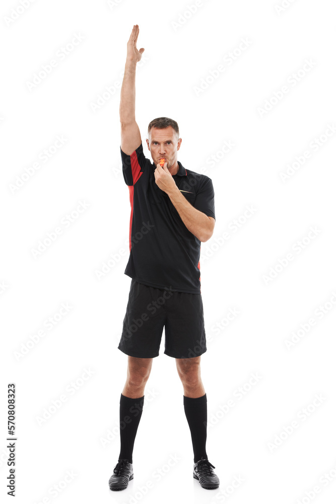 Man, sports referee and blowing whistle with hand up for warning, penalty or fail in studio. Fitness coach, sign of mistake and error or soccer rules for competition game isolated on white background Man, sports referee and blowing whistle with hand up for warning, penalty or fail in studio. Fitness coach, sign of mistake and error or soccer rules for competition game isolated on white background
